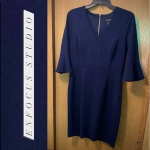 ENFOCUS Dark Blue V-Neck Bell Sleeve Sheath Dress